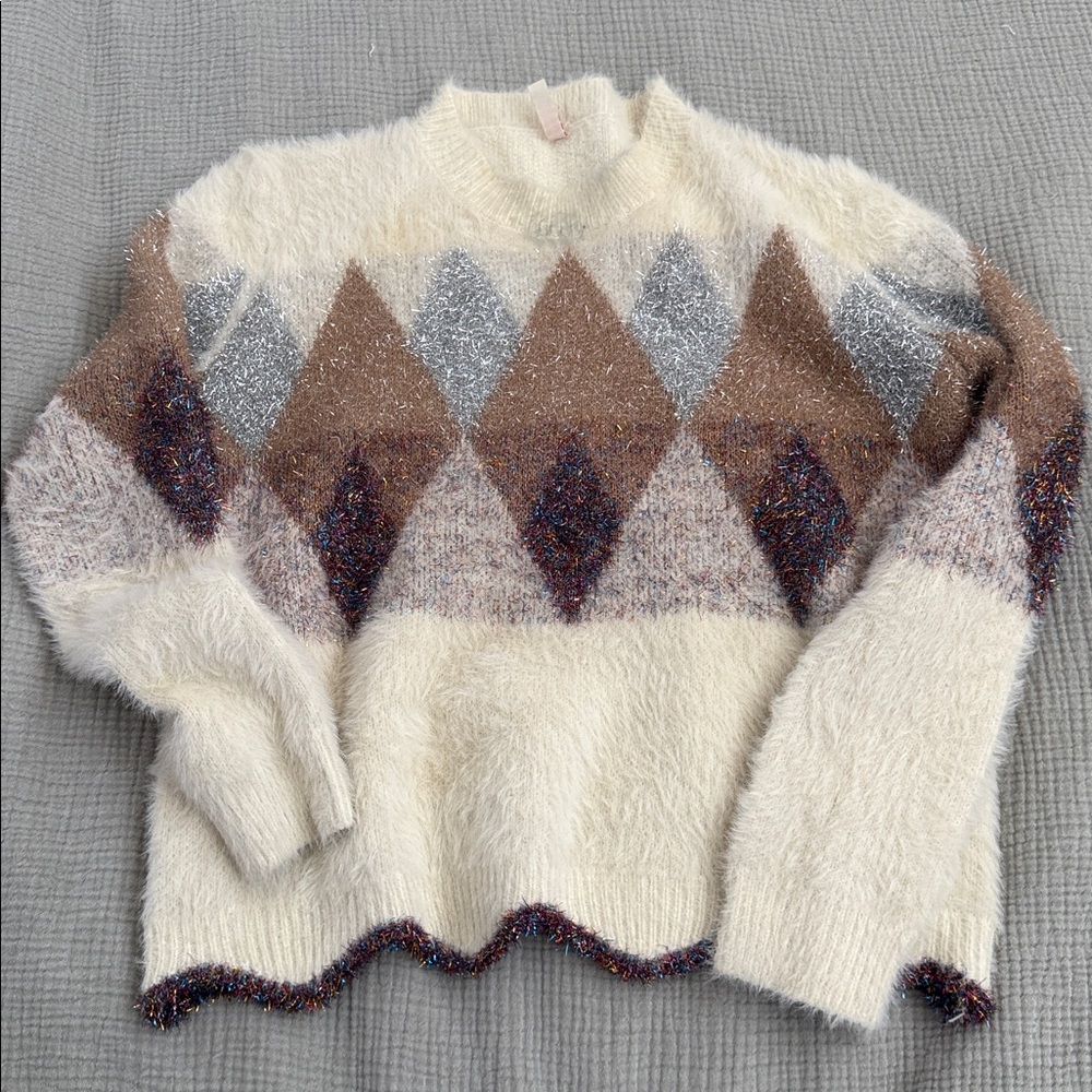 RAGA Cream and Brown Diamond Knit Sweater
